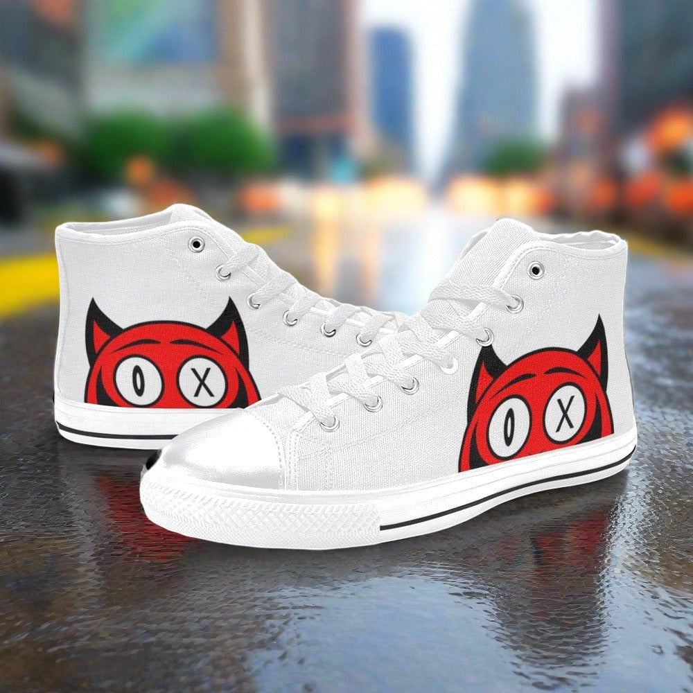 Custom Men's Devil high-top canvas shoes with bold all-over art — Freaky Shoes