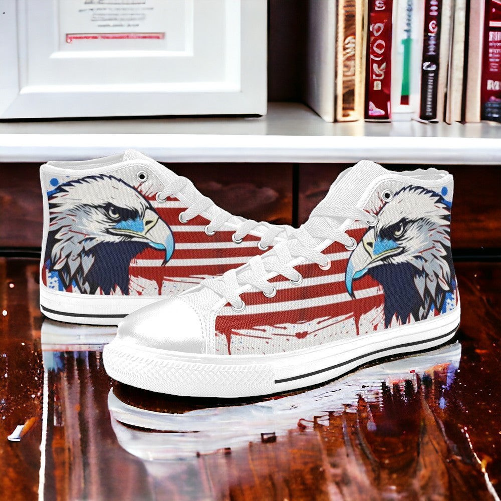 Women's Patriotic Eagle Art custom high-top canvas shoes — wearable art by Freaky Shoes