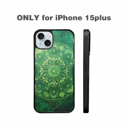 iPhone 15 Plus Case — Green Mandala Bohemian Print Edge To, Original Design Phone Case