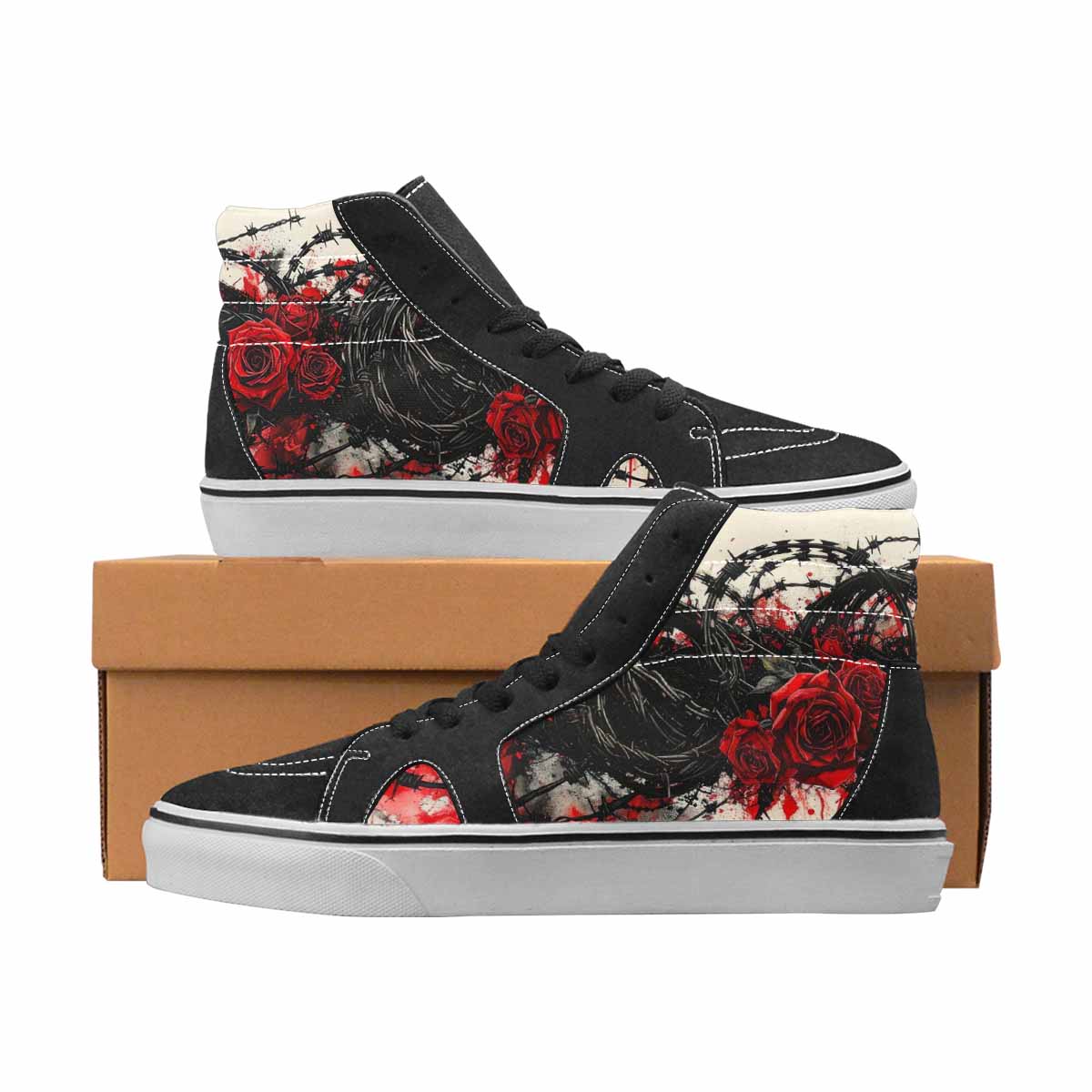 WOMEN'S Barbed Wire Black & Red Ink High Top Canvas Personalized Grunge Handmade Custom Shoes
