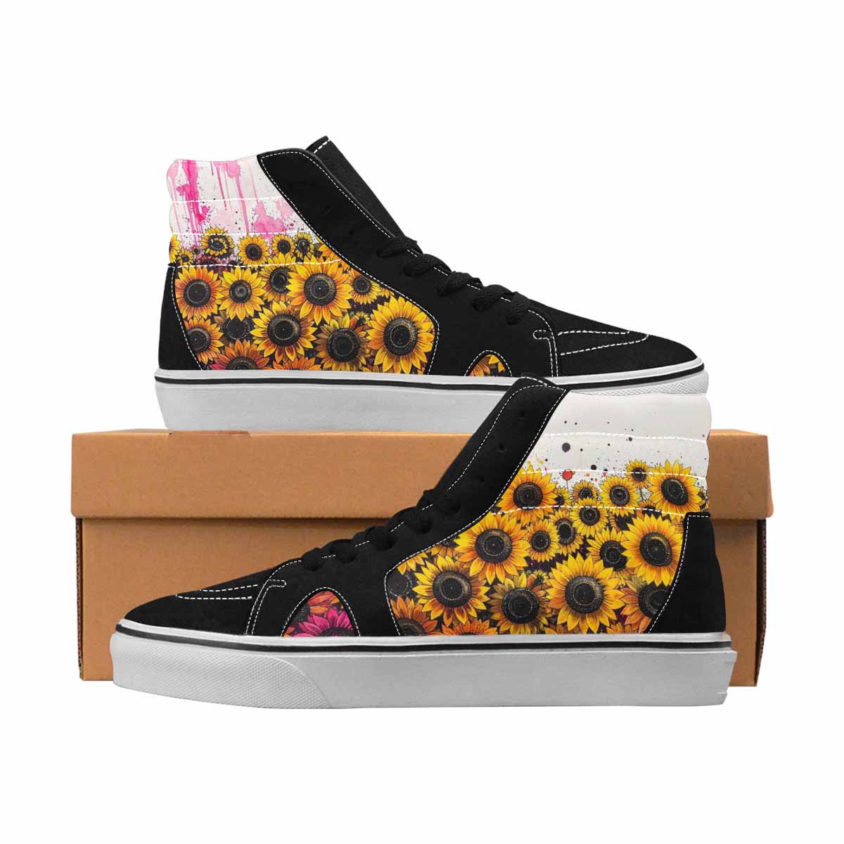 MEN'S Sunflowers Black & Pink Ink High Top Canvas Boutique Melting Art Custom Streetwear Shoes