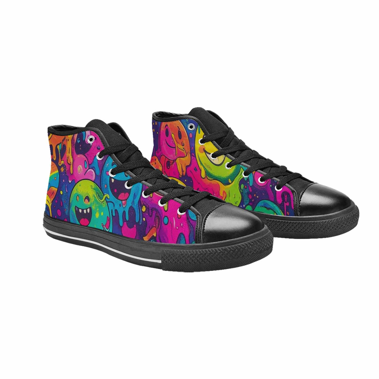 MEN'S Yellow Smiley Face High Top Canvas Grunge Custom Shoes