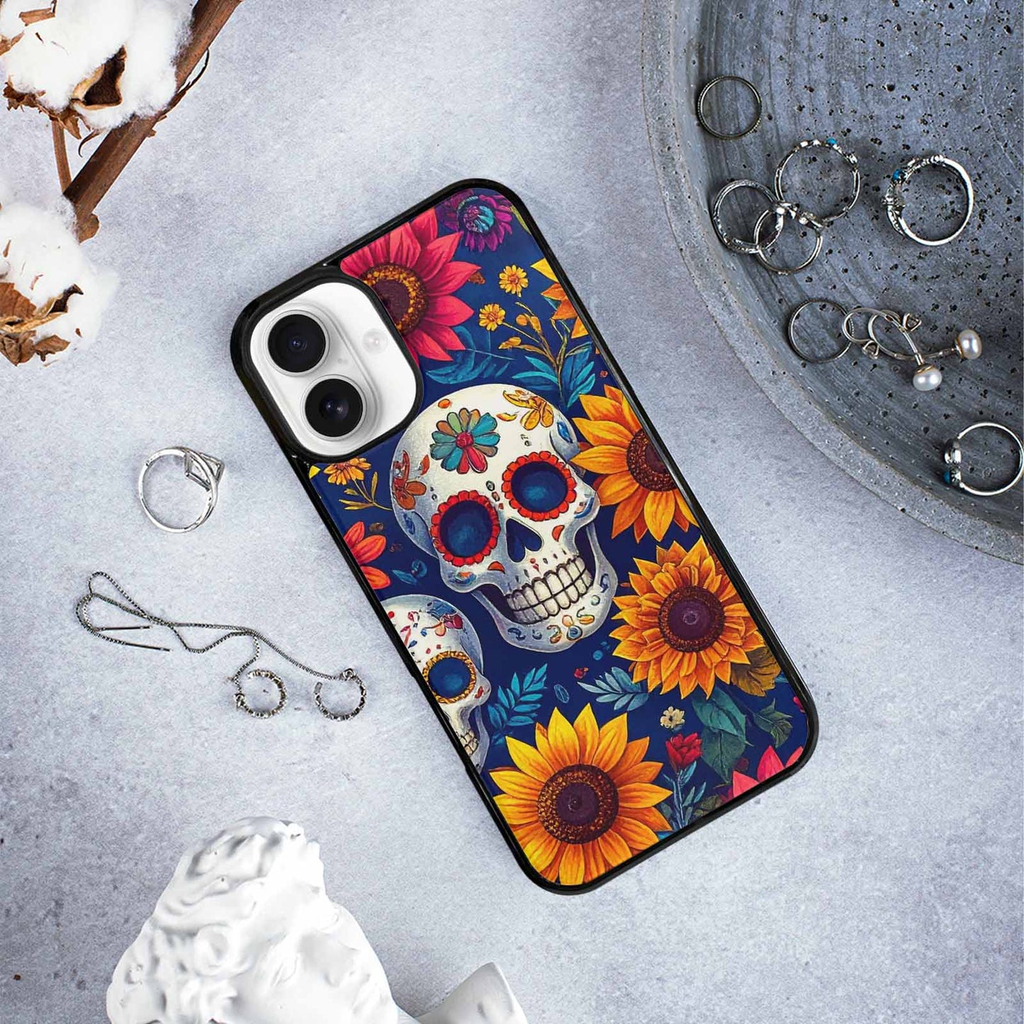 iPhone 16 Plus Case — Sunflower Skulls Print Custom, Custom Printed Phone Case
