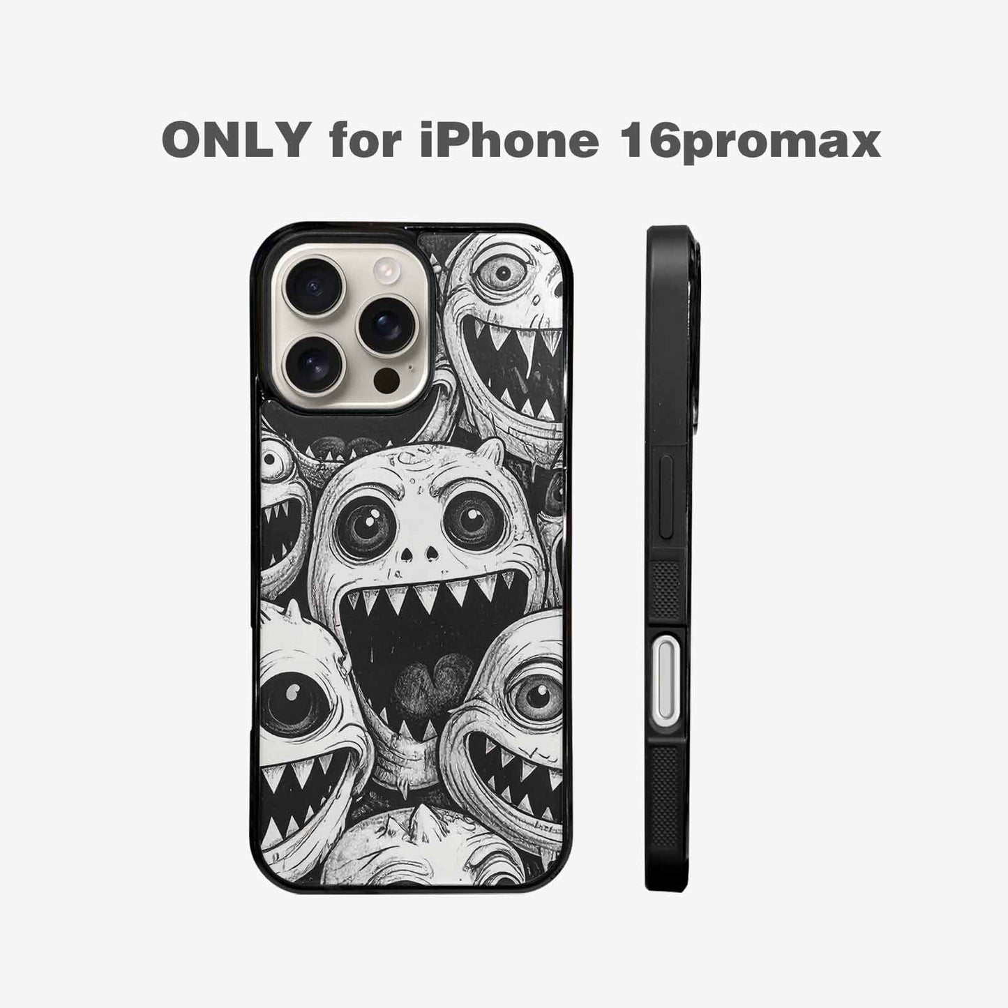 iPhone 16 Pro Max Case — Black And White Monster Face Collage, Custom Printed Phone Case