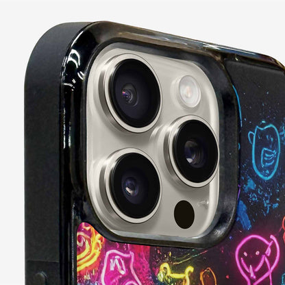 iPhone 16 Pro Max Case — Neon Glow Outline Icon Pattern Hundreds, Unique Phone Case Design