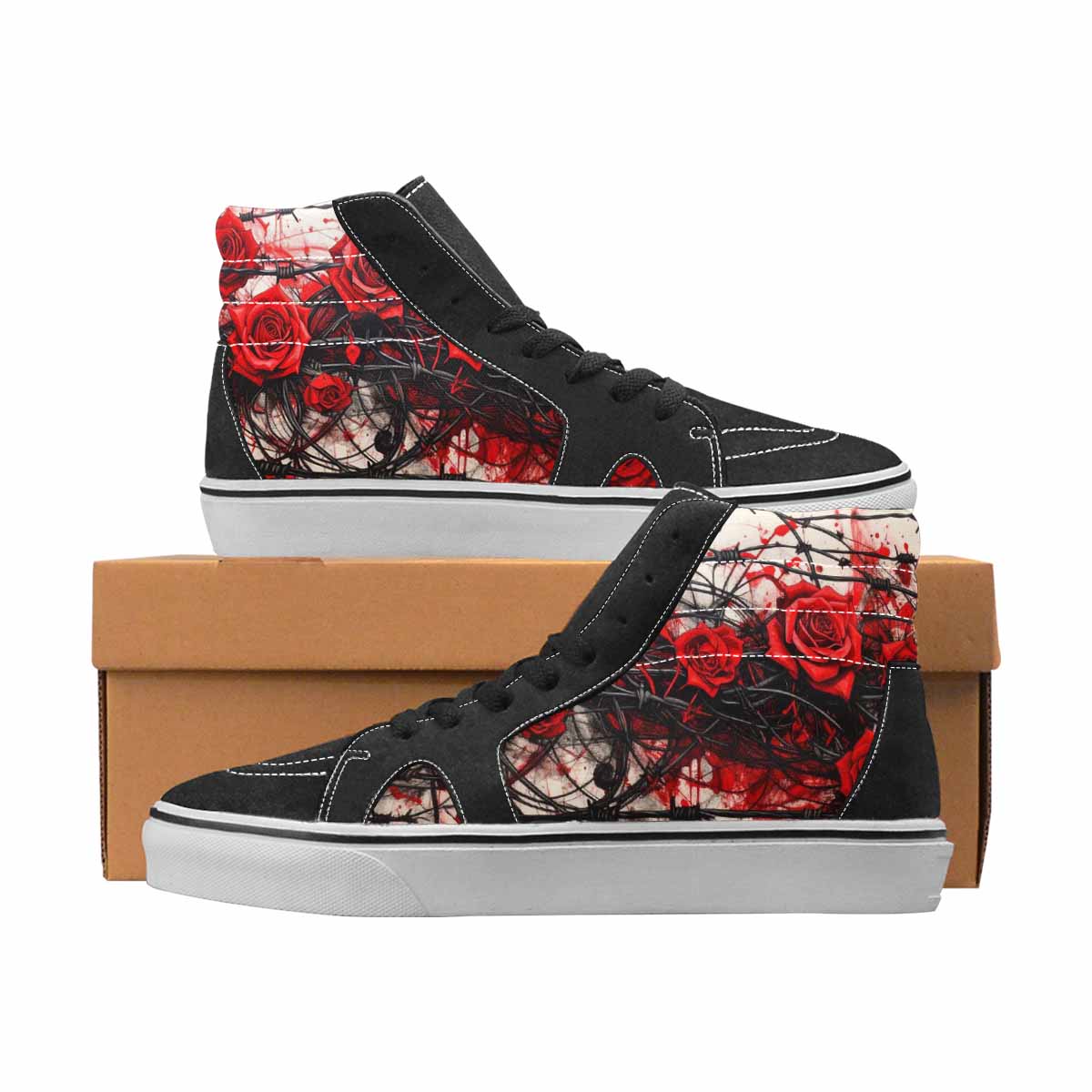 WOMEN'S Barbed Wire Black & Red Ink High Top Canvas Unique Print Grunge Custom Streetwear Shoes