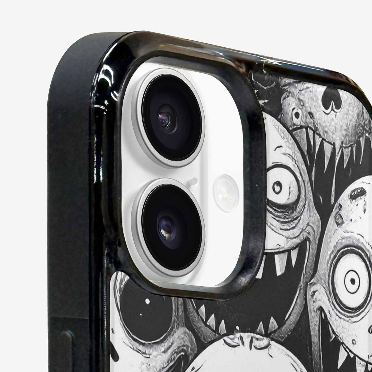 iPhone 16 Plus Case — Black And White Monster Face Collage, Original Design Phone Case