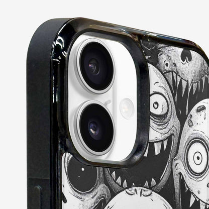 iPhone 16 Plus Case — Black And White Monster Face Collage, Original Design Phone Case