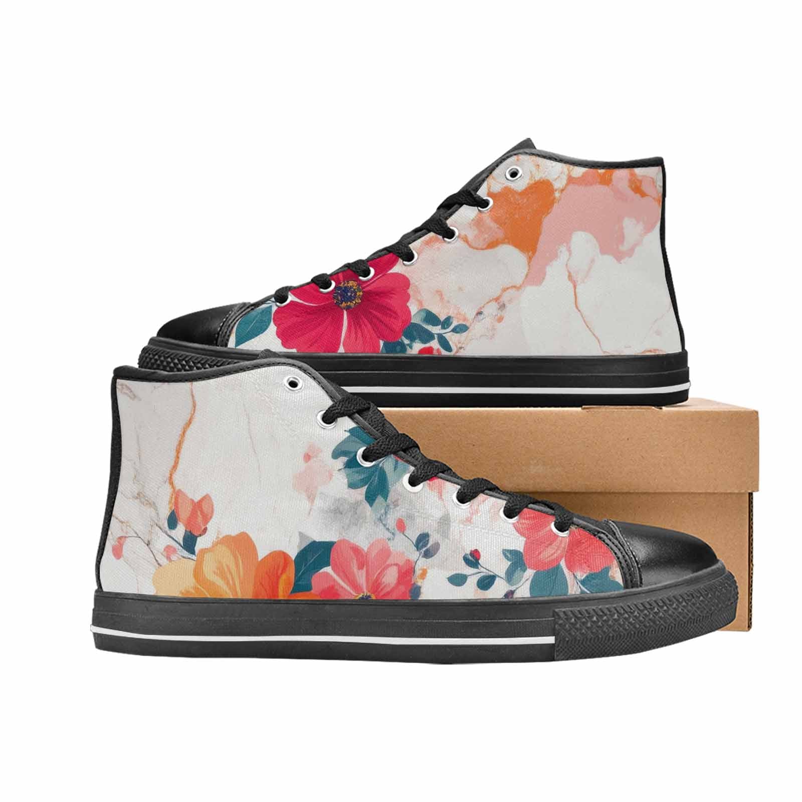 WOMEN'S Marble Floral High Top Canvas Vibrant Chaos Shoes