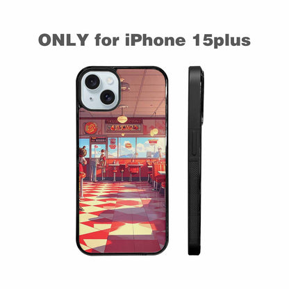 iPhone 15 Plus Case — 1950s Diner Cartoon Art Pattern, Unique Phone Case Design