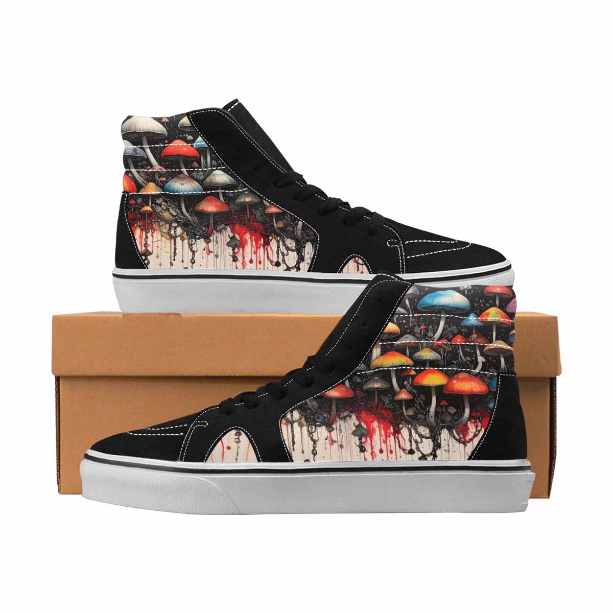 MEN'S Mushrooms Black & Red Ink High Top Canvas Custom Design Neon Fantasy Limited Edition Sneakers