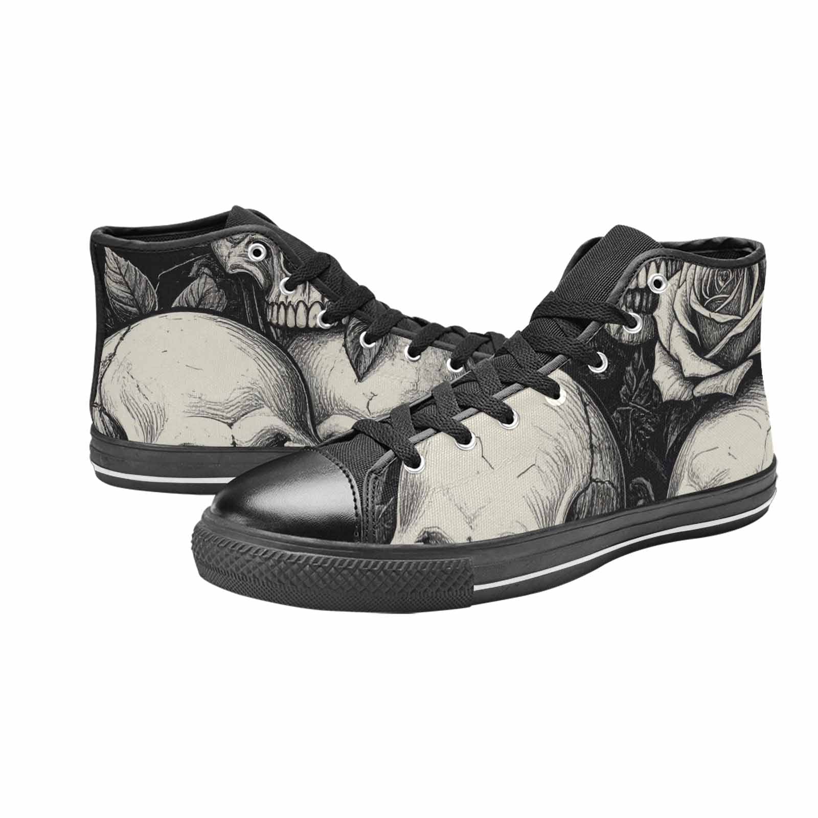 WOMEN'S Skulls Roses Black Ink High Top Canvas Vivid Custom Sneakers