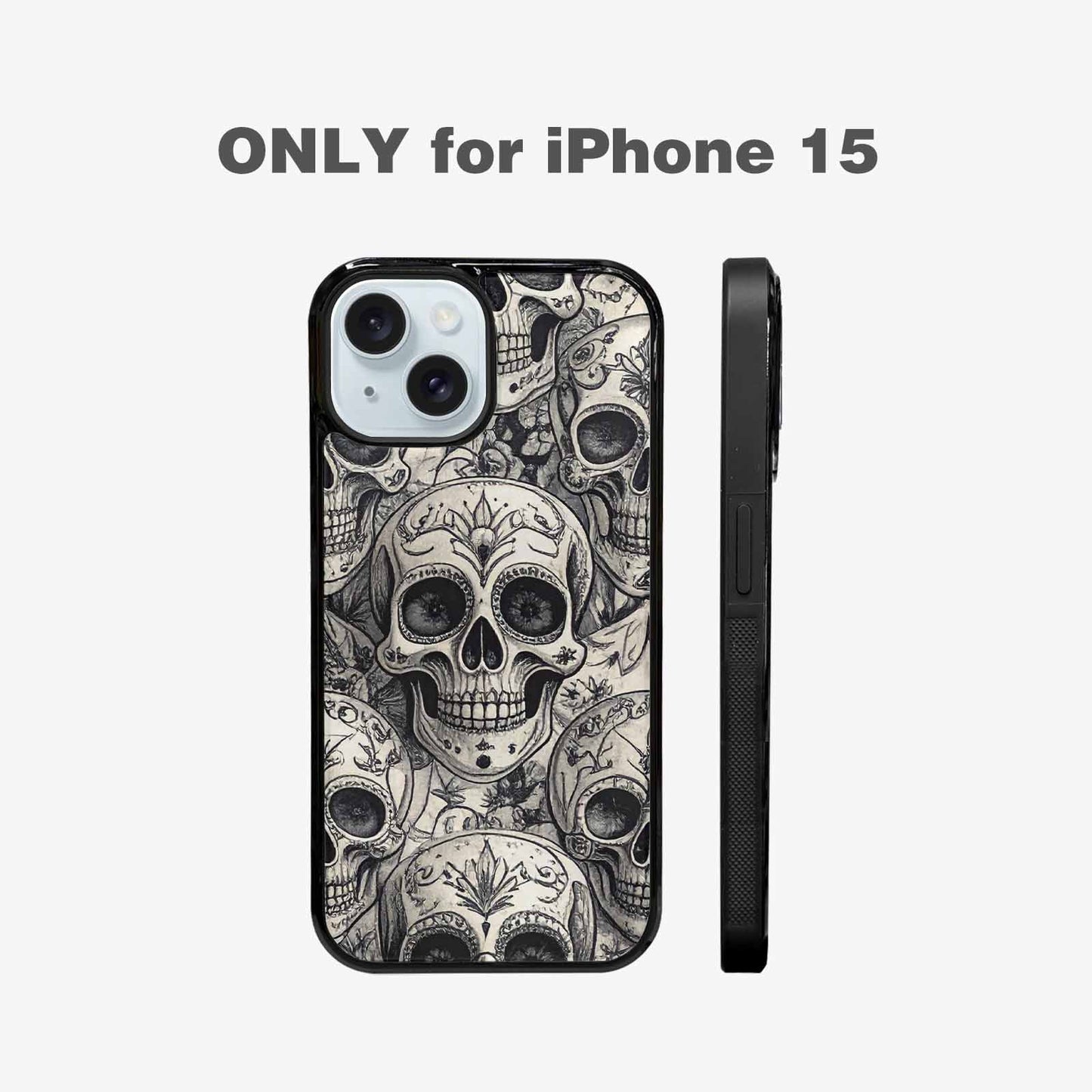 iPhone 15 Case — Intricately Detailed Sugar Skulls In Black, Custom Print Case Cover