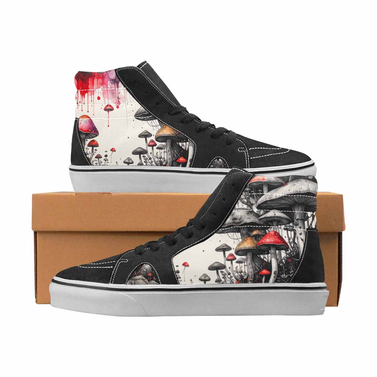 WOMEN'S Mushrooms Black & Red Ink High Top Canvas One Of A Kind Aesthetic Customized Sneakers