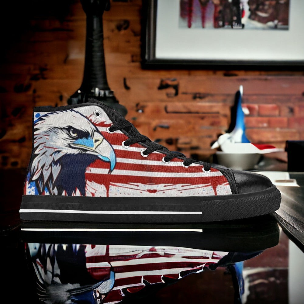 Custom Men's Patriotic Eagle Art high-top canvas shoes with bold all-over art — Freaky Shoes