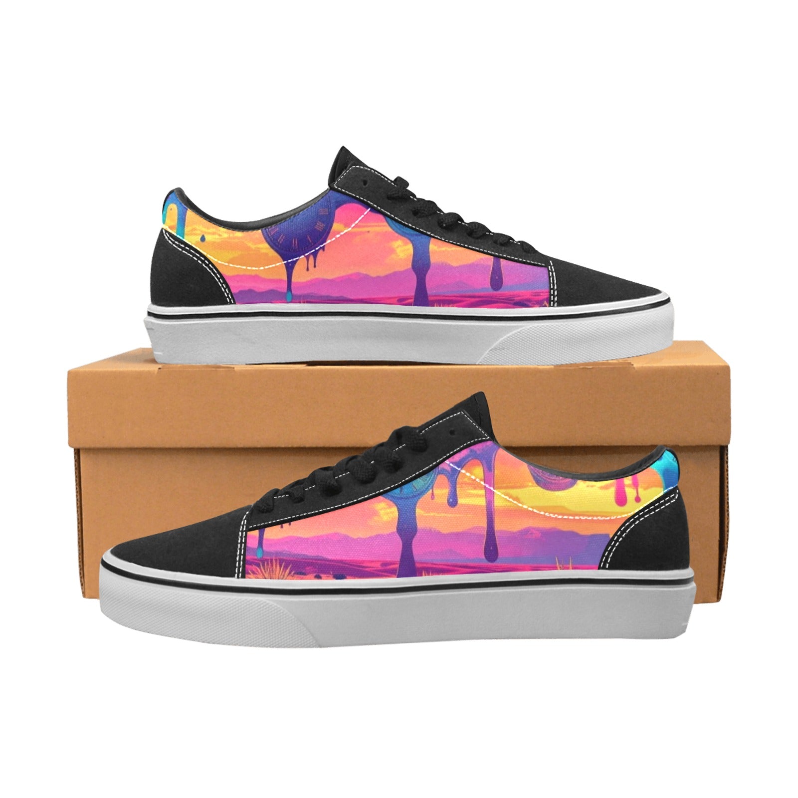 WOMEN'S Surrealist Dreamscape Pattern, Melting Low Top Skateboarding Neon Fantasy Custom Shoes