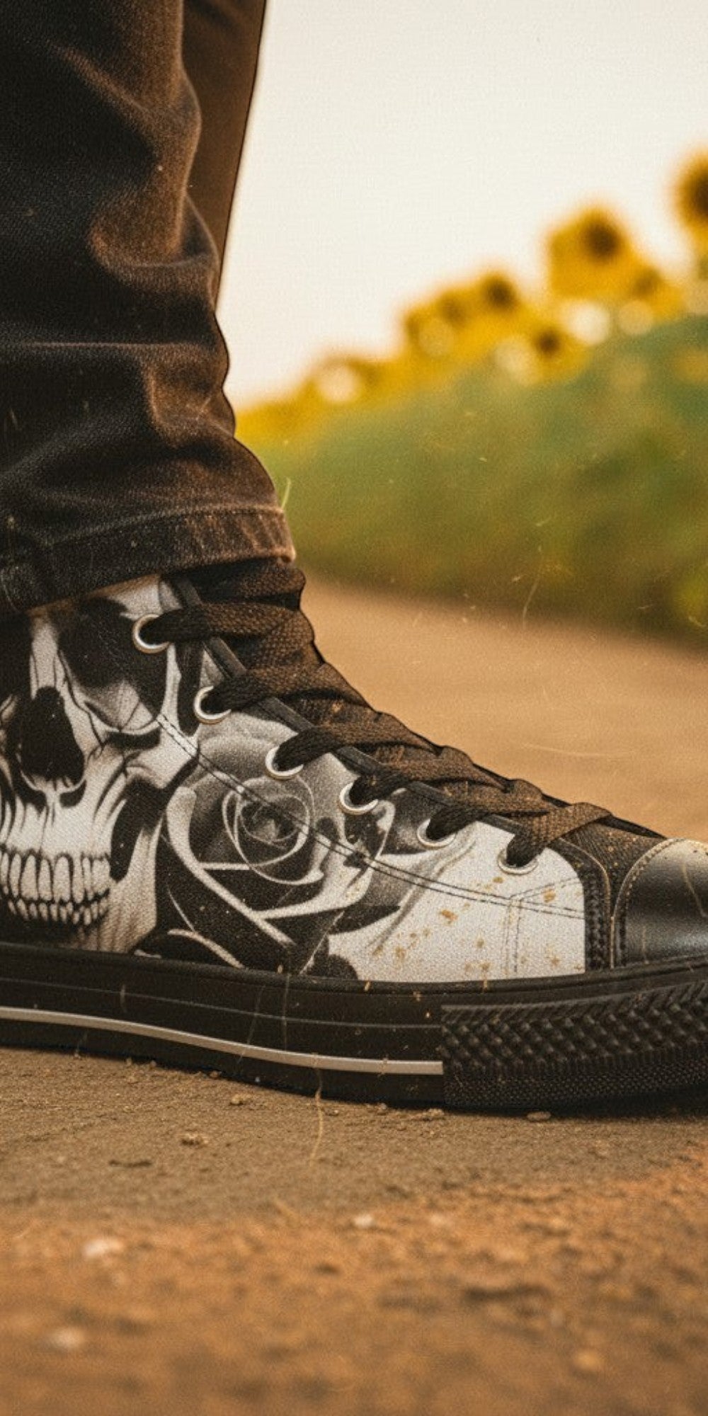 Men's Cartoon Skulls & Roses Black & White custom high-top canvas shoes — wearable art by Freaky Shoes