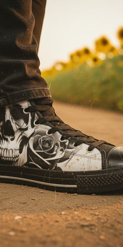 Men's Cartoon Skulls & Roses Black & White custom high-top canvas shoes — wearable art by Freaky Shoes