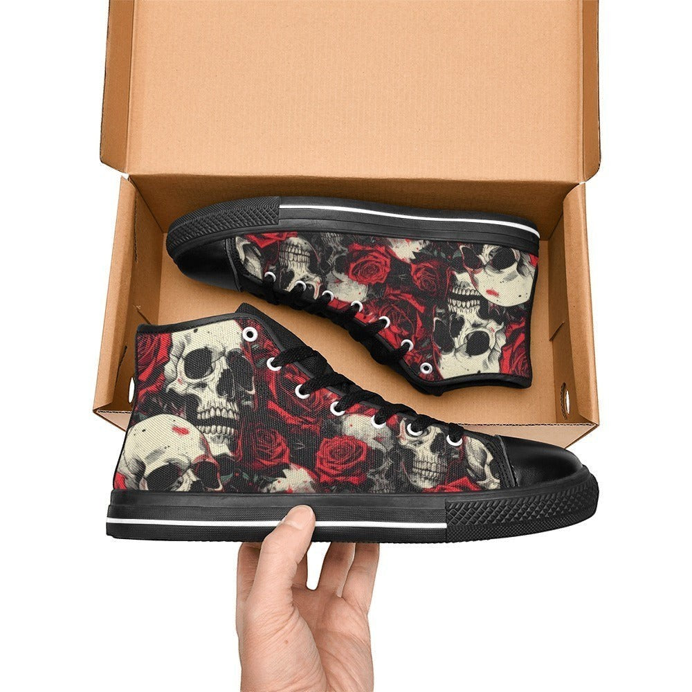 Freaky Shoes custom art sneakers with skull and red rose print, made to order wearable art in box