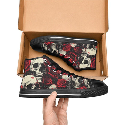 Freaky Shoes custom art sneakers with skull and red rose print, made to order wearable art in box