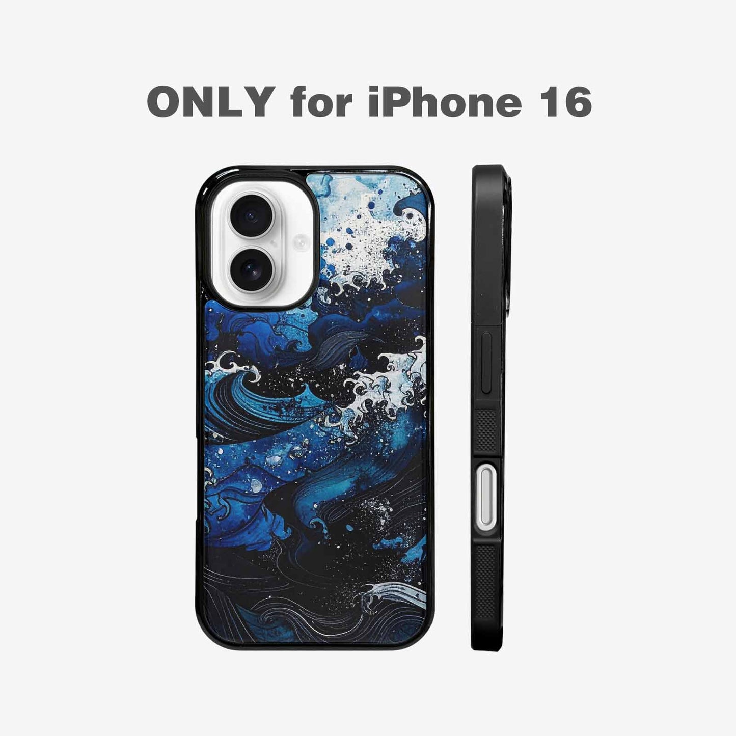 iPhone 16 Case — Nautical Wave Black Blue Ink Wave, Custom Phone Case