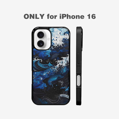 iPhone 16 Case — Nautical Wave Black Blue Ink Wave, Custom Phone Case