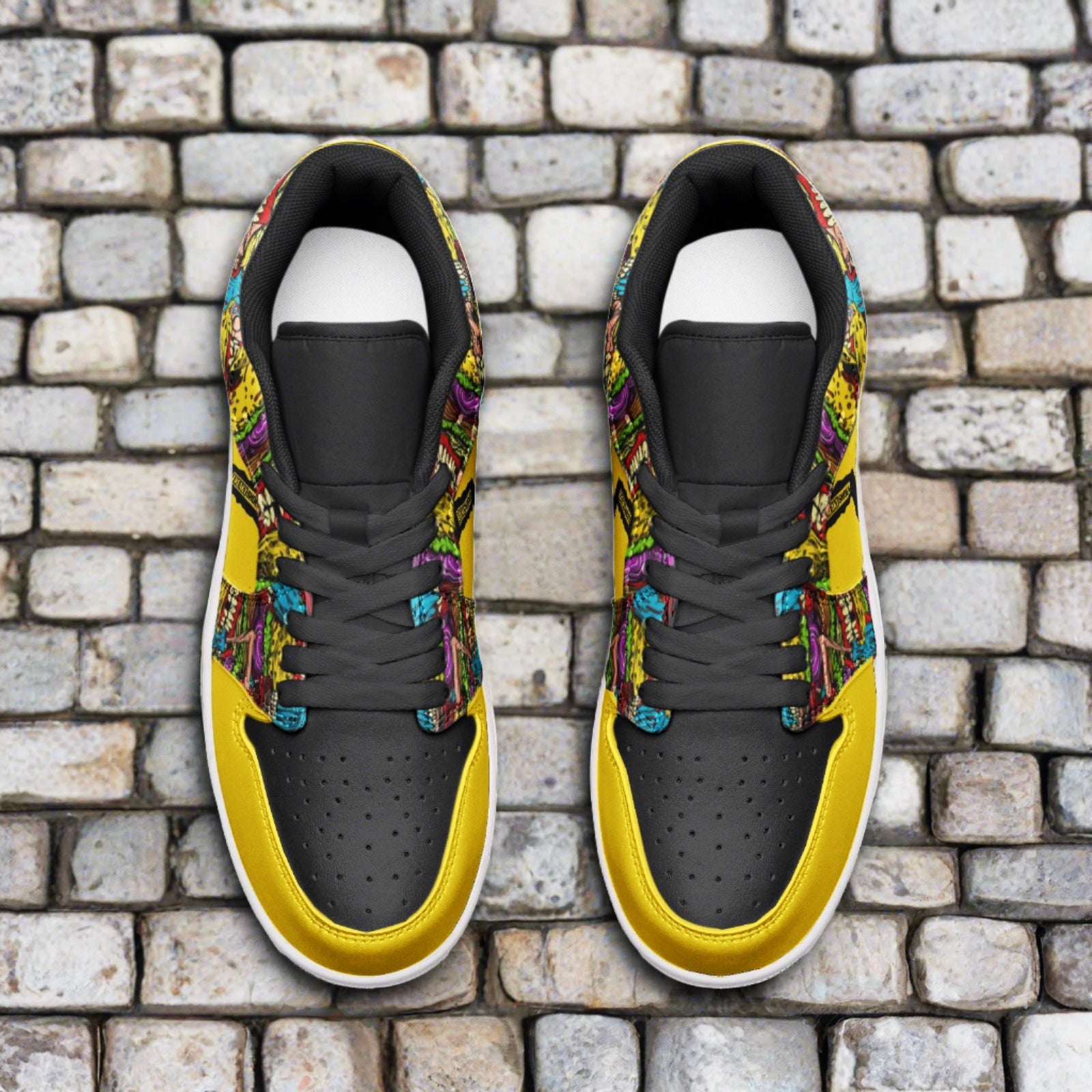 Freaky Shoes® Black & Yellow Freestyle Art Unisex Low Top Leather Sneakers - Freaky Shoes®