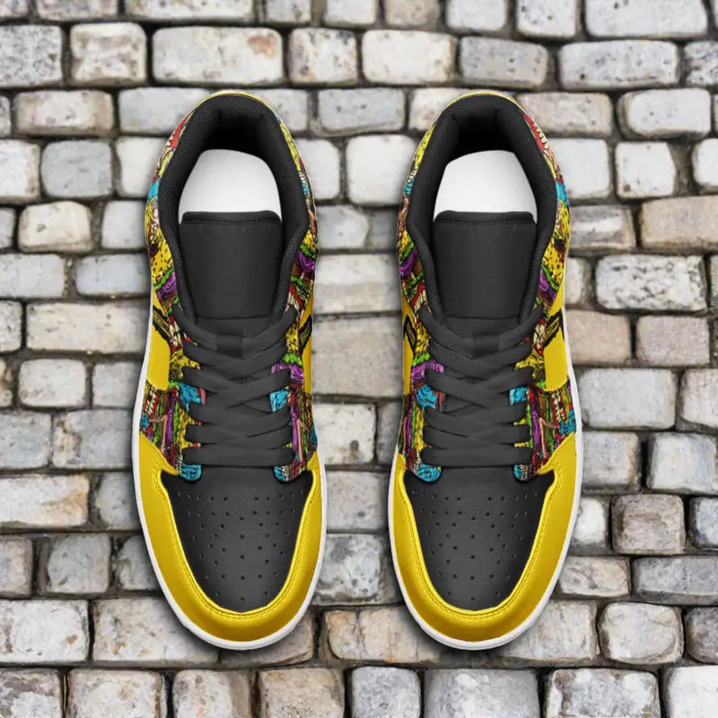 Freaky Shoes® Black & Yellow Freestyle Art Unisex Low Top Läder Sneakers