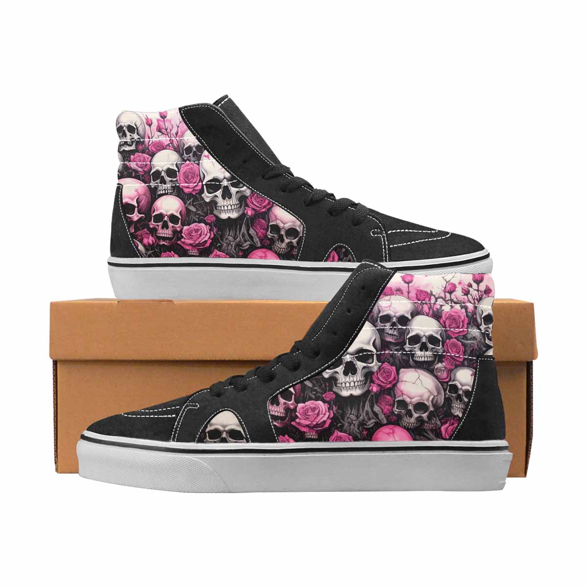 WOMEN'S Skulls Black & Pink Ink High Top Canvas Custom Design Cottagecore All Over Print Shoes