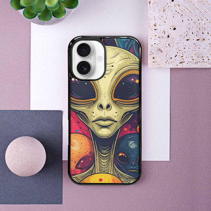 iPhone 16 Case — Alien Ufo Cartoon Art Pattern Groovy, Custom Made Phone Cover