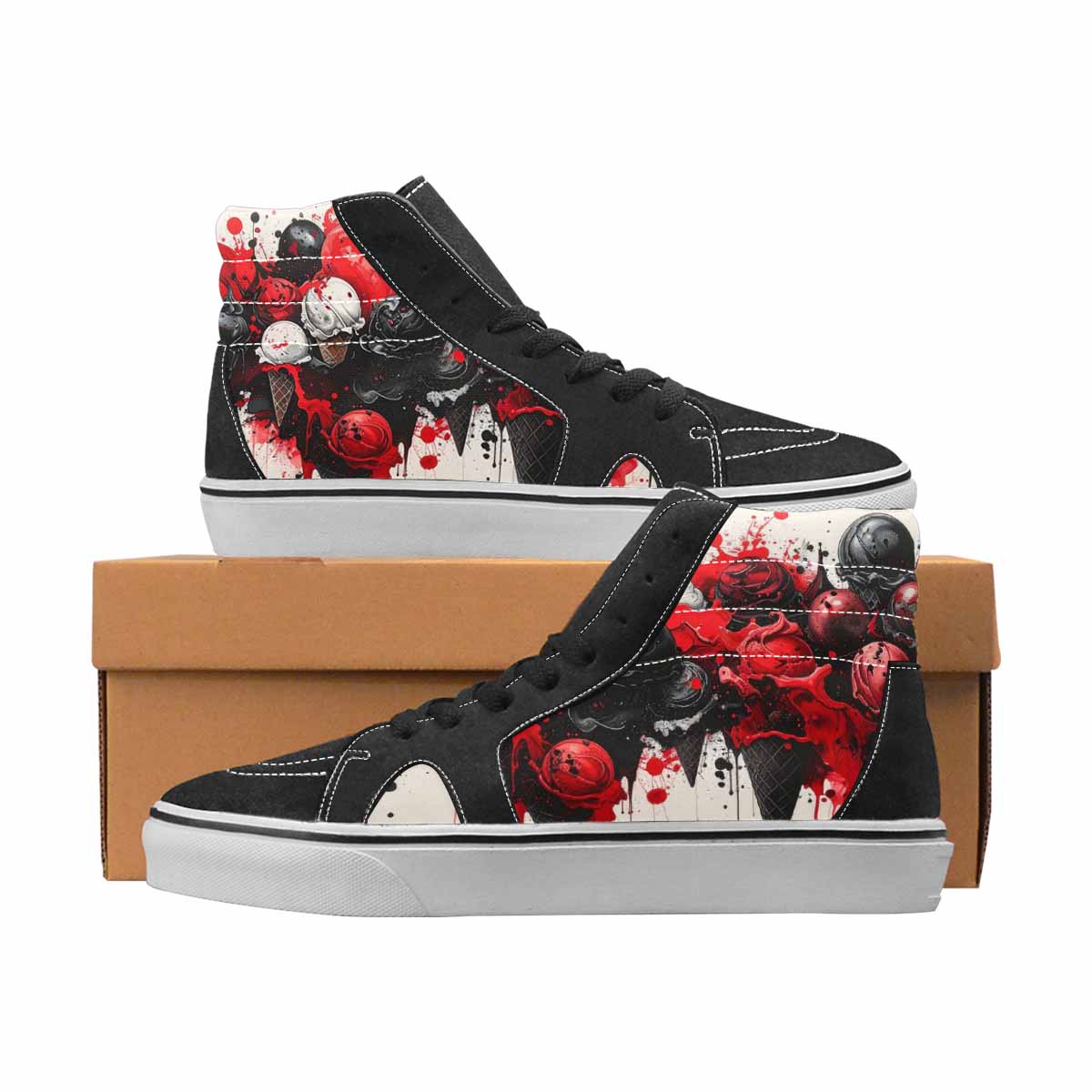 WOMEN'S Ice Cream Black & Red Ink High Top Canvas Unique Print Grunge Limited Edition Sneakers