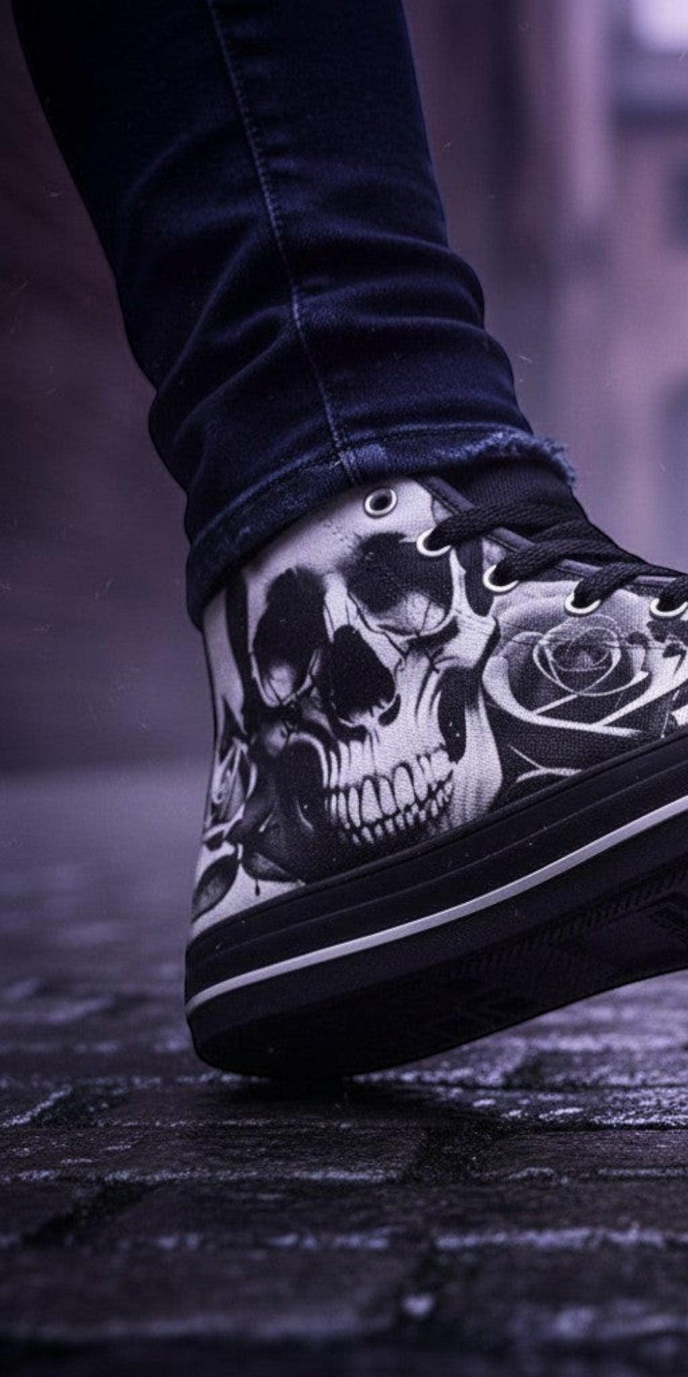 Custom Men's Cartoon Skulls & Roses Black & White high-top canvas shoes with bold all-over art — Freaky Shoes