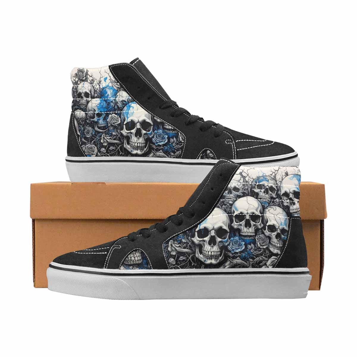 WOMEN'S Skulls Black & Blue Ink High Top Canvas Wearable Art Cottagecore Custom Printed Shoes