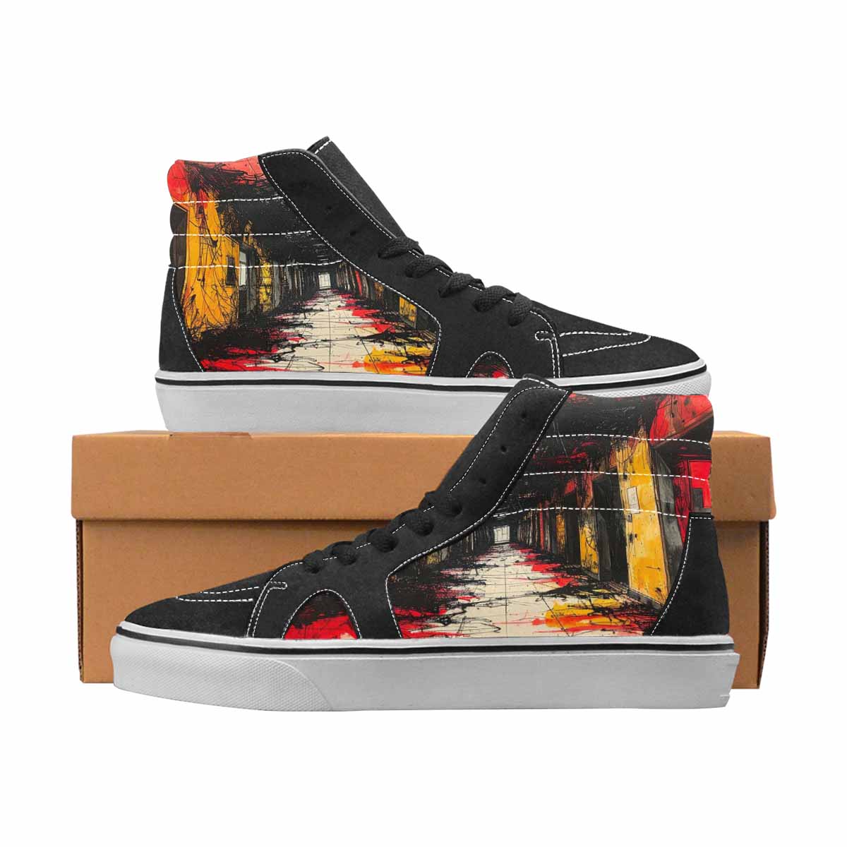 WOMEN'S Liminal Black & Red Ink High Top Canvas Wearable Art Grunge Handmade Custom Shoes