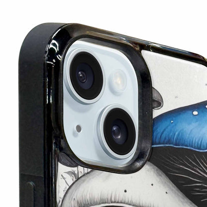 iPhone 15 Plus Case — Mushrooms General Black Blue Ink Mushrooms, Custom Art Phone Cover