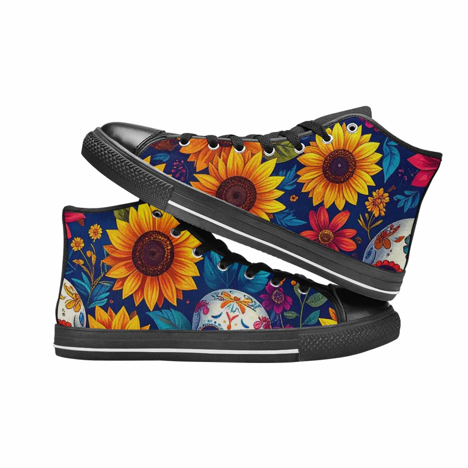 MEN'S Sunflower Skulls Print High Top Canvas Neon Fantasy Custom Shoes