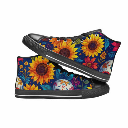MEN'S Sunflower Skulls Print High Top Canvas Neon Fantasy Custom Shoes