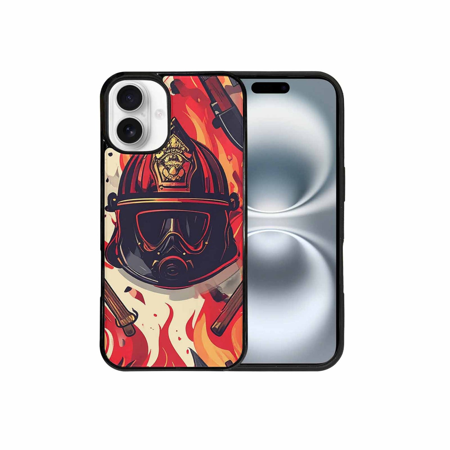 iPhone 16 Plus Case — Firefighter Pattern Flames Axes Helmets Seamless, Custom Printed Phone Case