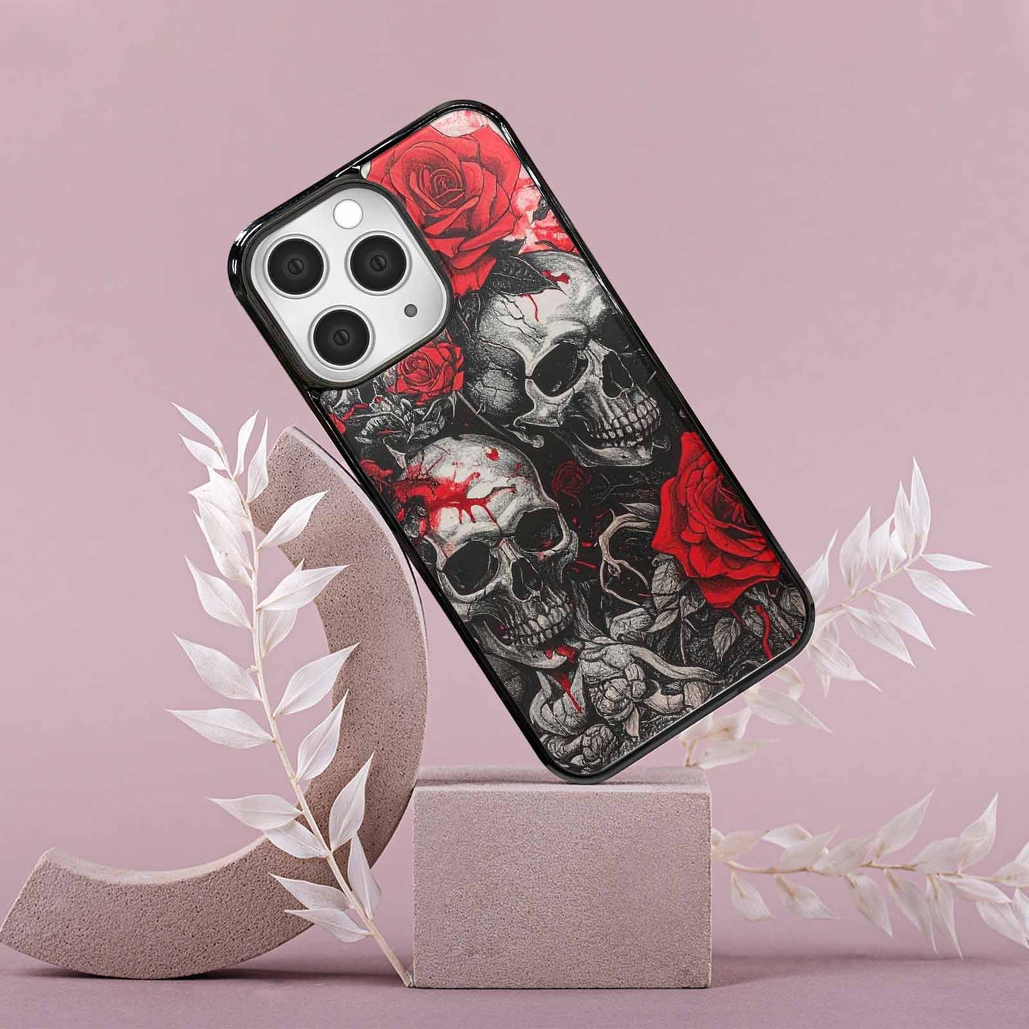 iPhone 15 Pro Max Case — Skull And Roses Black Red Ink, Custom Phone Case