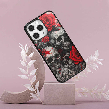 iPhone 15 Pro Max Case — Skull And Roses Black Red Ink, Custom Phone Case