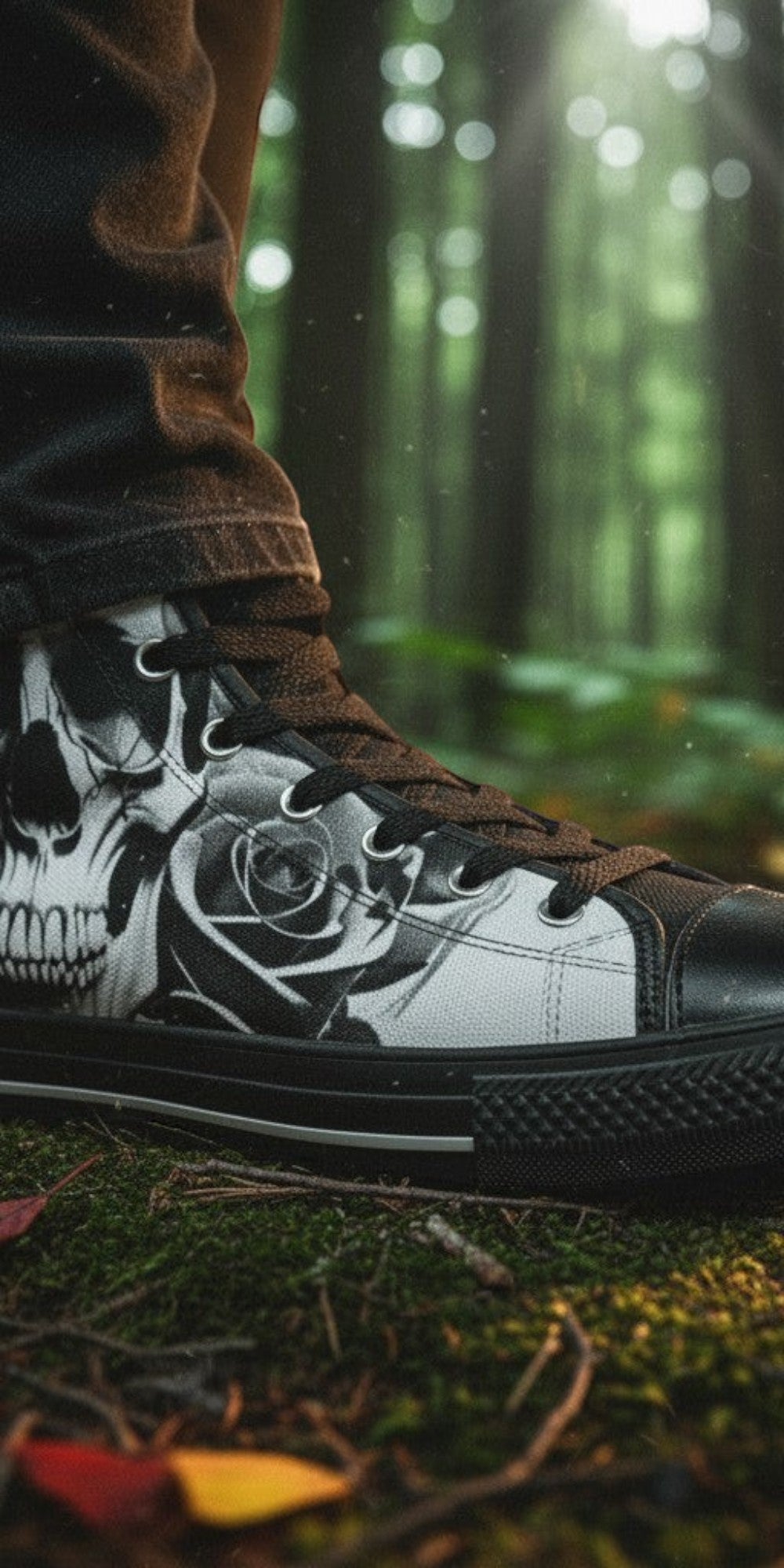 Men's Cartoon Skulls & Roses Black & White high-top canvas shoes — one-of-a-kind custom printed art, Freaky Shoes