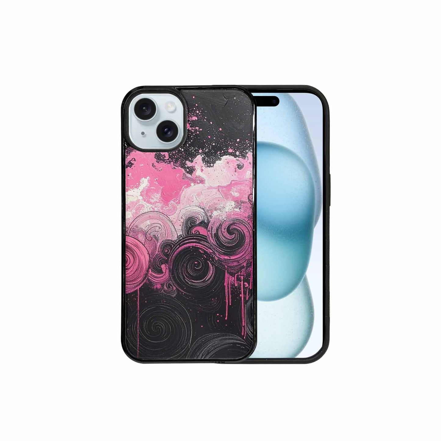 iPhone 15 Plus Case — Van Gogh Swirl Black Pink Ink, Personalized Phone Case