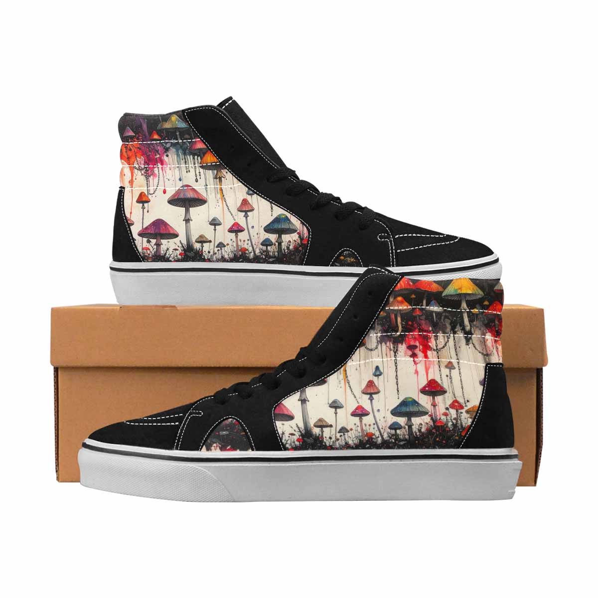 MEN'S Mushrooms Black & Red Ink High Top Canvas Bold Print Neon Fantasy Custom Shoes