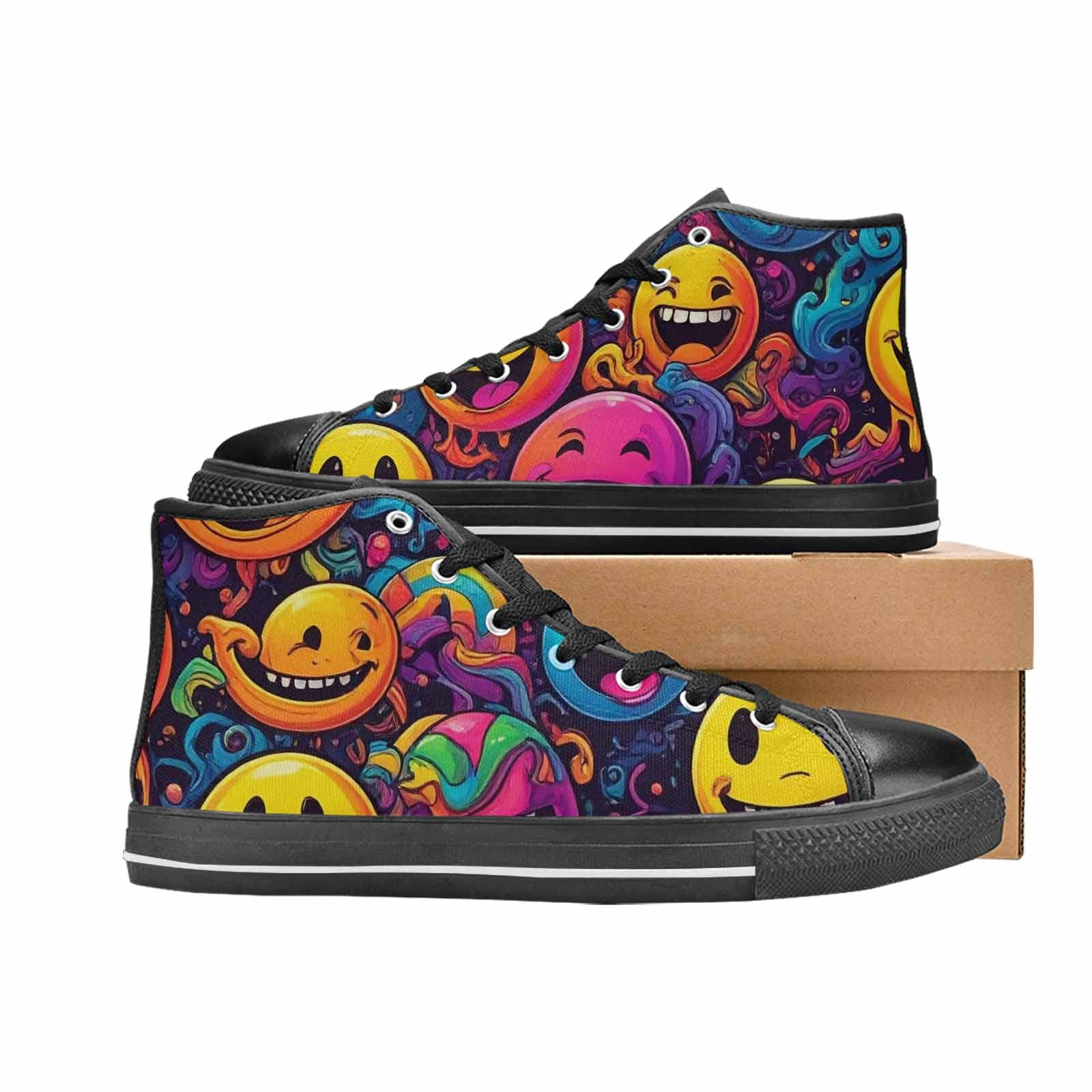 MEN'S Yellow Smiley Face High Top Canvas Grunge Sneakers