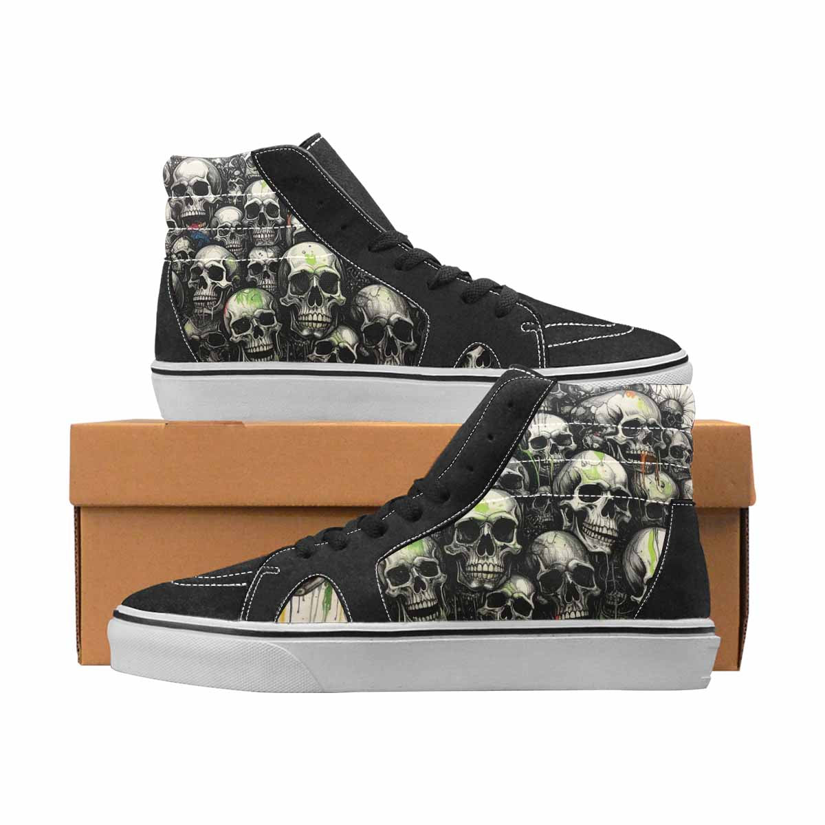 WOMEN'S Skulls Black & Green Ink High Top Canvas Custom Fashion Aesthetic Sneakers