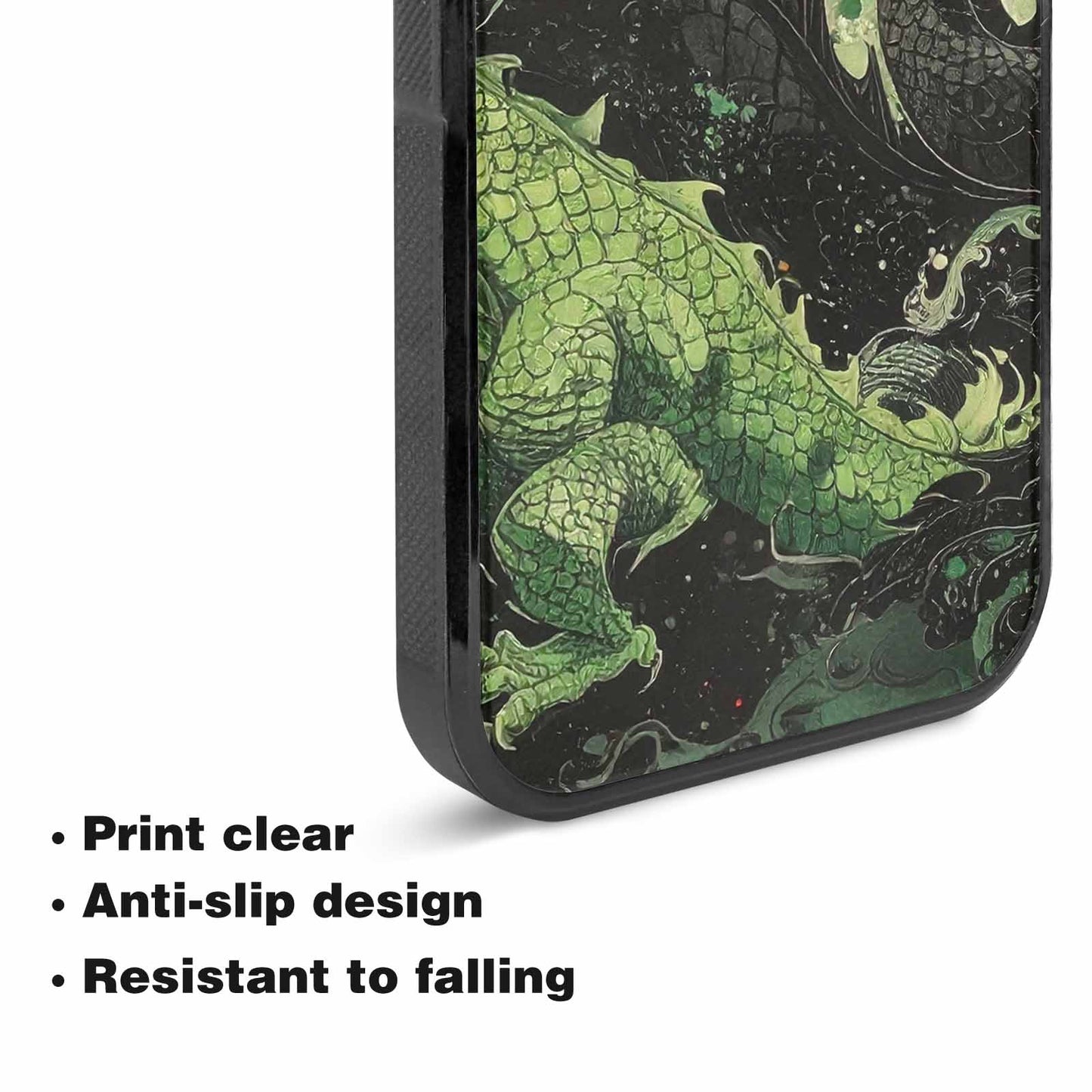 iPhone 15 Case — Dragon Scale Black Green Ink Dragons, Custom Designed Case Cover