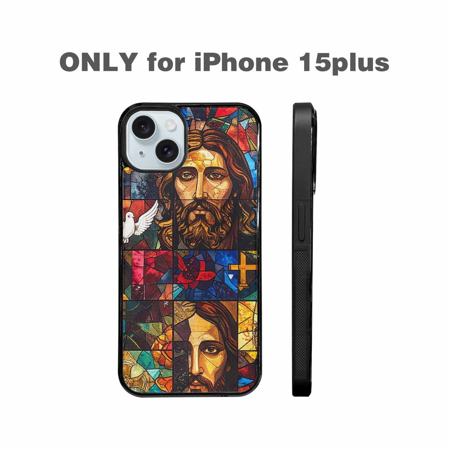 iPhone 15 Plus Case — Jesus Face Small Cross And Faith, Custom Designed Case Cover
