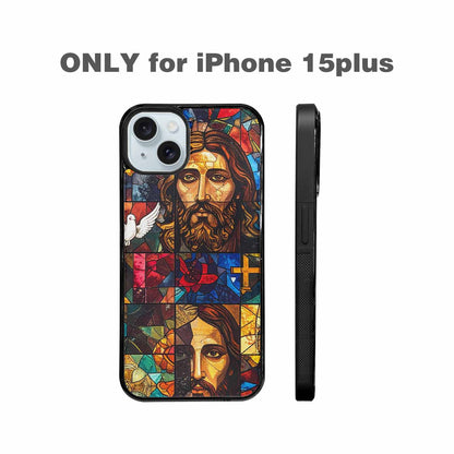 iPhone 15 Plus Case — Jesus Face Small Cross And Faith, Custom Designed Case Cover