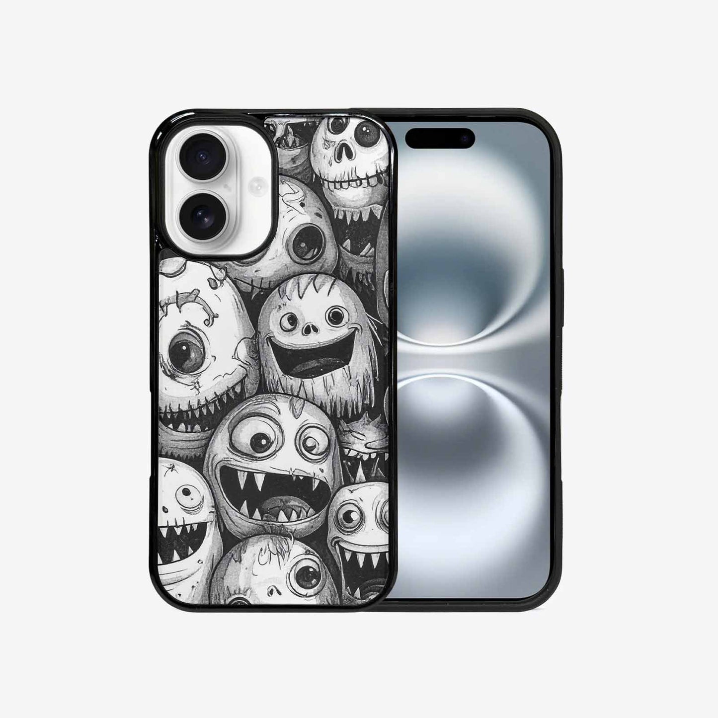 iPhone 16 Case — Black And White Monster Face Collage, Original Design Phone Case