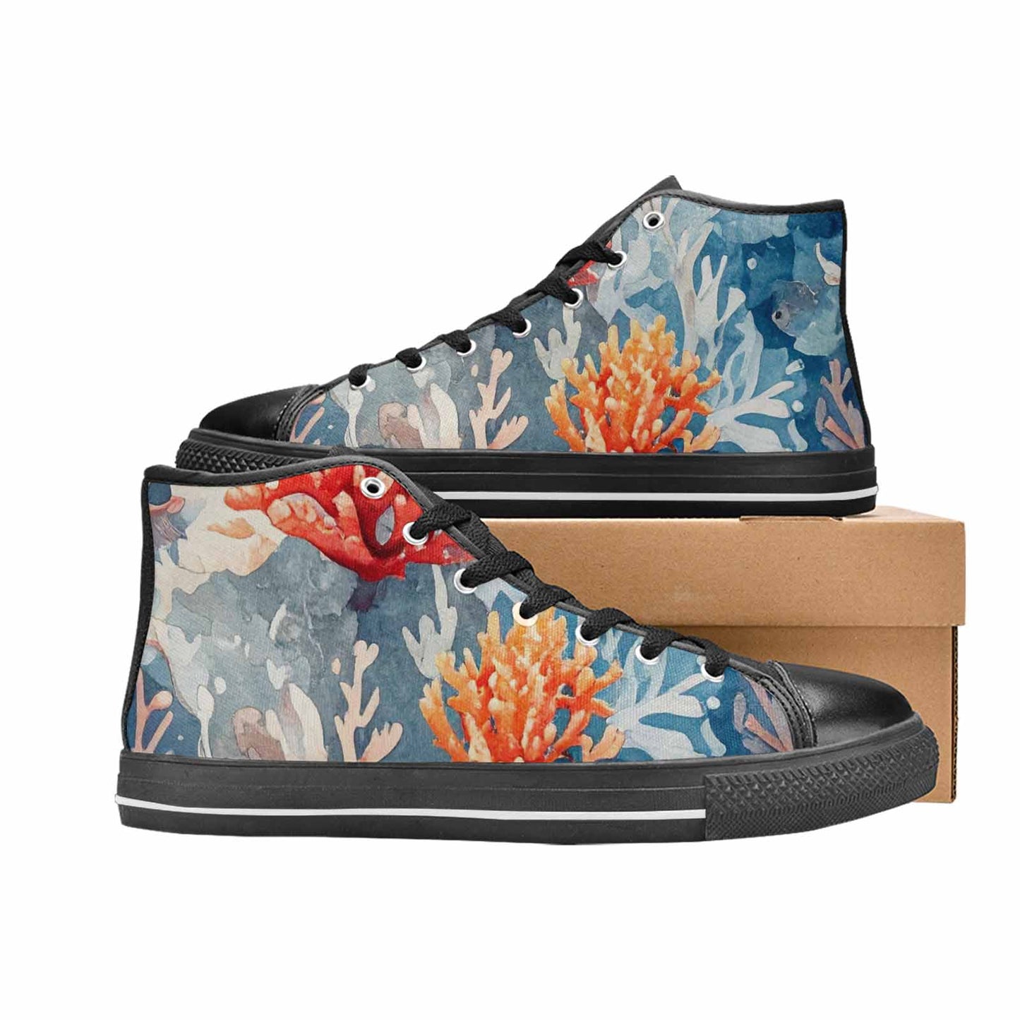 WOMEN'S Fish Scale Coral High Top Canvas Vibrant Chaos Custom Sneakers